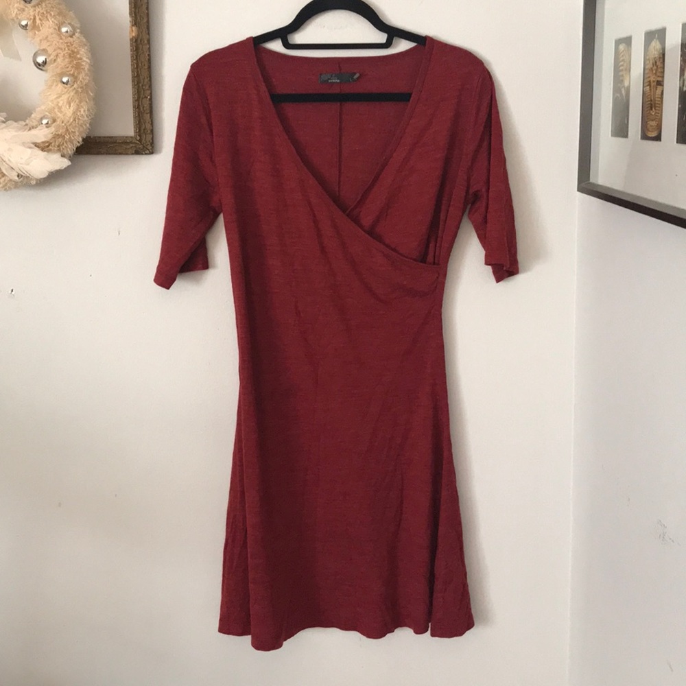 Prana Red Yoga Dress Faux Wrap Elbow Sleeve Large
